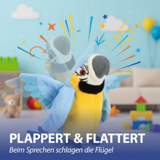 Papagei sprechend 11x20x10cm Polyester rot / blau Dekofigur mit Aufnahme- und Wiedergabefunktion Flügel flattern batteriebetrieben