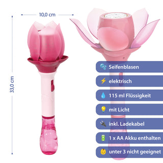 Seifenblasen Lotusblume pink/hellblau 10x33cm Kunststoff 115ml Seifenblasenmaschine elektrisch Seifenblasenstab Ladekabel Seifenblasenlösung Akku Licht