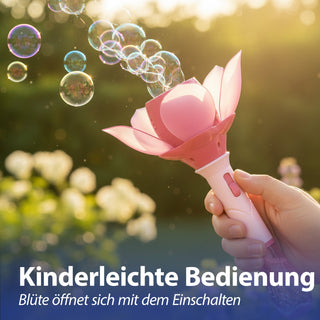 Seifenblasen Lotusblume pink/hellblau 10x33cm Kunststoff 115ml Seifenblasenmaschine elektrisch Seifenblasenstab Ladekabel Seifenblasenlösung Akku Licht