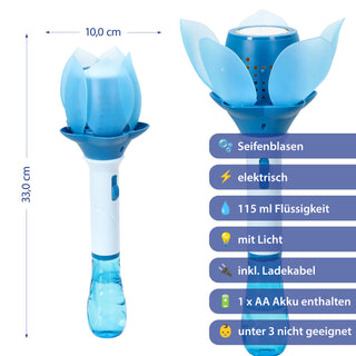 Seifenblasen Lotusblume hellblau 10x33cm Kunststoff 115ml Seifenblasenmaschine elektrisch Seifenblasenstab Ladekabel Seifenblasenlösung Akku Licht
