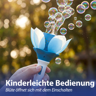 Seifenblasen Lotusblume hellblau 10x33cm Kunststoff 115ml Seifenblasenmaschine elektrisch Seifenblasenstab Ladekabel Seifenblasenlösung Akku Licht
