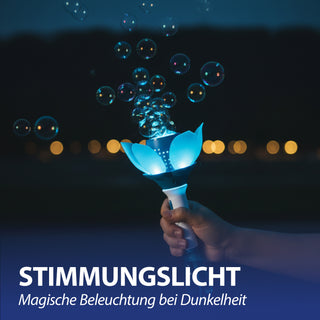 Seifenblasen Lotusblume hellblau 10x33cm Kunststoff 115ml Seifenblasenmaschine elektrisch Seifenblasenstab Ladekabel Seifenblasenlösung Akku Licht