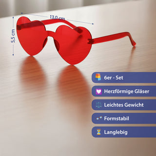 Partybrille Herz rot 6er Set Kunststoff 13,5x5,5cm Herzbrille Partyaccessoire Fasching Karneval JGA Mottoparty