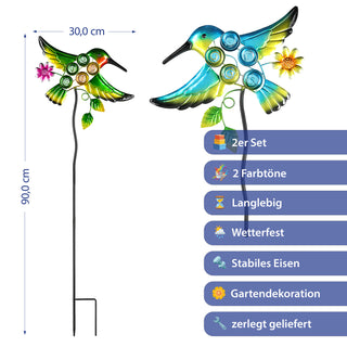 Gartenstecker Kolibri 2er Set mehrfarbig 30x90x2,5cm Eisen Dekostecker Gartendekoration Beetstecker Balkon Terrasse Vogel Gartenfigur