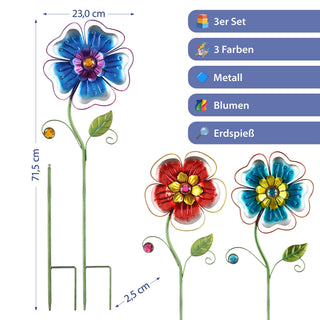 Gartenstecker Blume 3er Set blau rot lila 23x71x2,5cm Eisen Dekostecker Gartendekoration Beetstecker Balkon Terrasse Gartenfigur