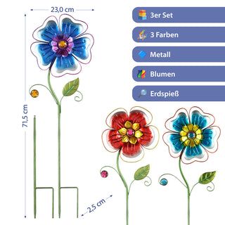 Gartenstecker Blume 3er Set blau rot lila 23x71x2,5cm Eisen Dekostecker Gartendekoration Beetstecker Balkon Terrasse Gartenfigur