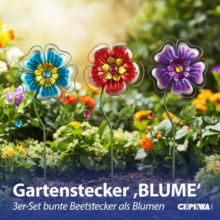 Gartenstecker Blume 3er Set blau rot lila 23x71x2,5cm Eisen Dekostecker Gartendekoration Beetstecker Balkon Terrasse Gartenfigur