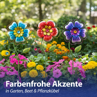 Gartenstecker Blume 3er Set blau rot lila 23x71x2,5cm Eisen Dekostecker Gartendekoration Beetstecker Balkon Terrasse Gartenfigur