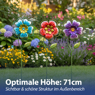 Gartenstecker Blume 3er Set blau rot lila 23x71x2,5cm Eisen Dekostecker Gartendekoration Beetstecker Balkon Terrasse Gartenfigur