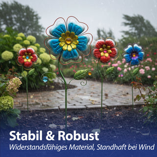 Gartenstecker Blume 3er Set blau rot lila 23x71x2,5cm Eisen Dekostecker Gartendekoration Beetstecker Balkon Terrasse Gartenfigur