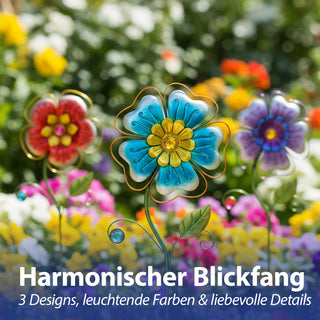 Gartenstecker Blume 3er Set blau rot lila 23x71x2,5cm Eisen Dekostecker Gartendekoration Beetstecker Balkon Terrasse Gartenfigur