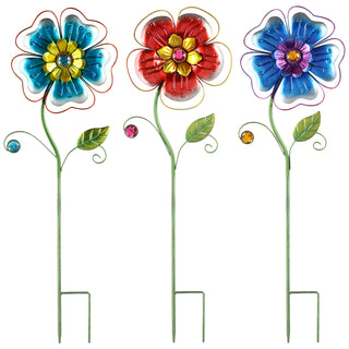 Gartenstecker Blume 3er Set blau rot lila 23x71x2,5cm Eisen Dekostecker Gartendekoration Beetstecker Balkon Terrasse Gartenfigur