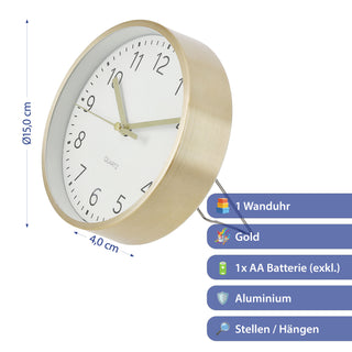Wanduhr gold Ø15x4cm Aluminium Küchenuhr Dekouhr Uhr Wohnzimmeruhr batteriebetrieben Quarzwerk zum Aufstellen oder Aufhängen