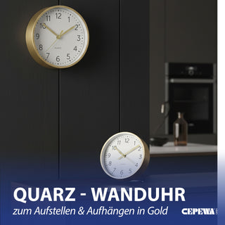 Wanduhr gold Ø15x4cm Aluminium Küchenuhr Dekouhr Uhr Wohnzimmeruhr batteriebetrieben Quarzwerk zum Aufstellen oder Aufhängen