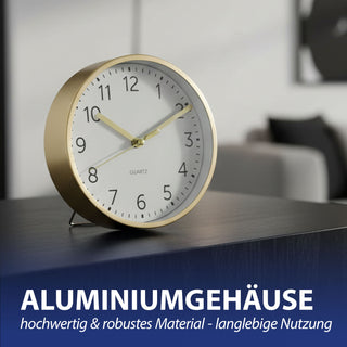 Wanduhr gold Ø15x4cm Aluminium Küchenuhr Dekouhr Uhr Wohnzimmeruhr batteriebetrieben Quarzwerk zum Aufstellen oder Aufhängen
