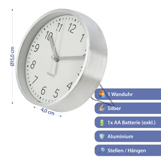 Wanduhr silber Ø15x4cm Aluminium Küchenuhr Dekouhr Uhr Wohnzimmeruhr batteriebetrieben Quarzwerk zum Aufstellen oder Aufhängen