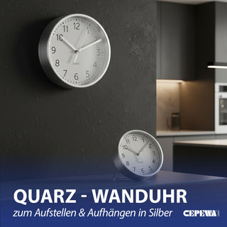 Wanduhr silber Ø15x4cm Aluminium Küchenuhr Dekouhr Uhr Wohnzimmeruhr batteriebetrieben Quarzwerk zum Aufstellen oder Aufhängen