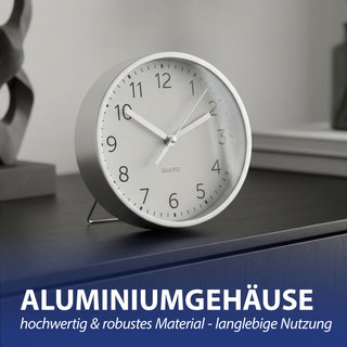 Wanduhr silber Ø15x4cm Aluminium Küchenuhr Dekouhr Uhr Wohnzimmeruhr batteriebetrieben Quarzwerk zum Aufstellen oder Aufhängen