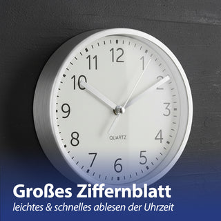 Wanduhr silber Ø15x4cm Aluminium Küchenuhr Dekouhr Uhr Wohnzimmeruhr batteriebetrieben Quarzwerk zum Aufstellen oder Aufhängen