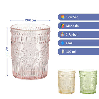 Trinkglas 12er Set 'Mandala' Ø8x10cm 300ml Glas rosa grün orange Bodensticker Wasserglas Ornamente Getränkegläser Mandala-Design Struktur