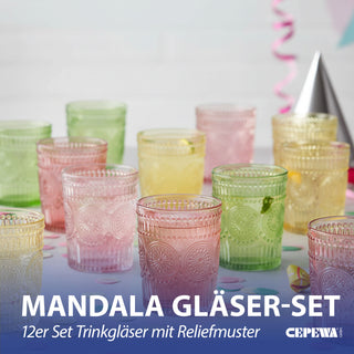 Trinkglas 12er Set 'Mandala' Ø8x10cm 300ml Glas rosa grün orange Bodensticker Wasserglas Ornamente Getränkegläser Mandala-Design Struktur