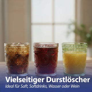 Trinkglas 12er Set 'Mandala' Ø8x10cm 300ml Glas rosa grün orange Bodensticker Wasserglas Ornamente Getränkegläser Mandala-Design Struktur