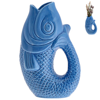 Vase Fisch 'Blubb' 13,5x21x9cm Dolomit weiß/blau/türkis Blumenvase Dekovase Tischvase Fischform Fischmaul Henkel
