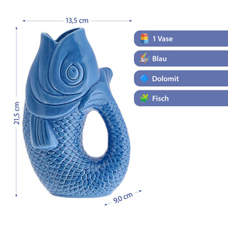 Vase Fisch 'Blubb' 13,5x21x9cm Dolomit weiß/blau/türkis Blumenvase Dekovase Tischvase Fischform Fischmaul Henkel