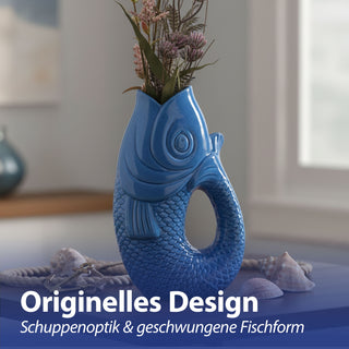 Vase Fisch 'Blubb' 13,5x21x9cm Dolomit weiß/blau/türkis Blumenvase Dekovase Tischvase Fischform Fischmaul Henkel
