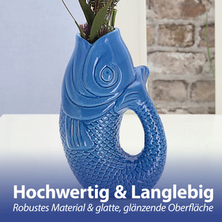 Vase Fisch 'Blubb' 13,5x21x9cm Dolomit weiß/blau/türkis Blumenvase Dekovase Tischvase Fischform Fischmaul Henkel