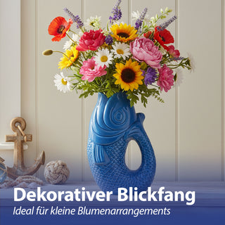 Vase Fisch 'Blubb' 13,5x21x9cm Dolomit weiß/blau/türkis Blumenvase Dekovase Tischvase Fischform Fischmaul Henkel