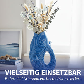 Vase Fisch 'Blubb' 13,5x21x9cm Dolomit weiß/blau/türkis Blumenvase Dekovase Tischvase Fischform Fischmaul Henkel