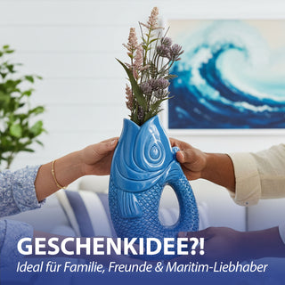 Vase Fisch 'Blubb' 13,5x21x9cm Dolomit weiß/blau/türkis Blumenvase Dekovase Tischvase Fischform Fischmaul Henkel