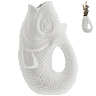 Vase Fisch 'Blubb' 13,5x21x9cm Dolomit weiß/blau/türkis Blumenvase Dekovase Tischvase Fischform Fischmaul Henkel