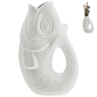 Vase Fisch 'Blubb' 13,5x21x9cm Dolomit weiß/blau/türkis Blumenvase Dekovase Tischvase Fischform Fischmaul Henkel