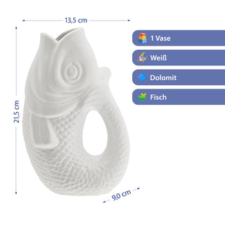 Vase Fisch 'Blubb' 13,5x21,5x9cm Dolomit weiß Blumenvase Dekovase Tischvase Fischform Fischmaul Henkel