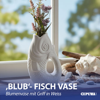 Vase Fisch 'Blubb' 13,5x21,5x9cm Dolomit weiß Blumenvase Dekovase Tischvase Fischform Fischmaul Henkel
