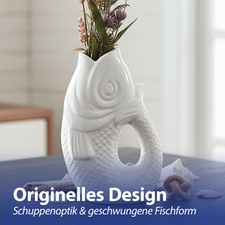 Vase Fisch 'Blubb' 13,5x21,5x9cm Dolomit weiß Blumenvase Dekovase Tischvase Fischform Fischmaul Henkel