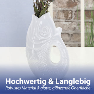Vase Fisch 'Blubb' 13,5x21,5x9cm Dolomit weiß Blumenvase Dekovase Tischvase Fischform Fischmaul Henkel