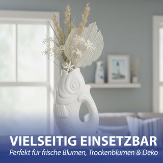 Vase Fisch 'Blubb' 13,5x21,5x9cm Dolomit weiß Blumenvase Dekovase Tischvase Fischform Fischmaul Henkel