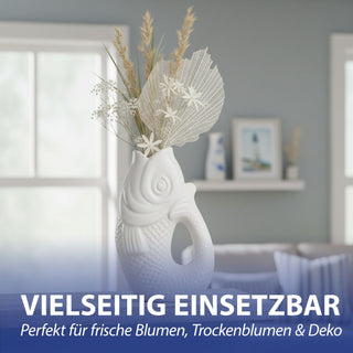 Vase Fisch 'Blubb' 13,5x21x9cm Dolomit weiß/blau/türkis Blumenvase Dekovase Tischvase Fischform Fischmaul Henkel