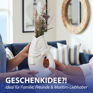 Vase Fisch 'Blubb' 13,5x21,5x9cm Dolomit weiß Blumenvase Dekovase Tischvase Fischform Fischmaul Henkel