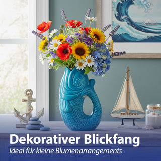 Vase Fisch 'Blubb' 13,5x21x9cm Dolomit weiß/blau/türkis Blumenvase Dekovase Tischvase Fischform Fischmaul Henkel