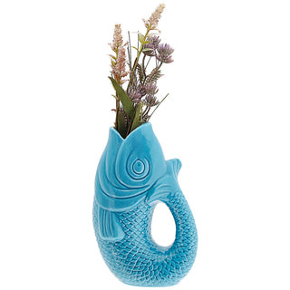 Vase Fisch 'Blubb' 13,5x21x9cm Dolomit weiß/blau/türkis Blumenvase Dekovase Tischvase Fischform Fischmaul Henkel