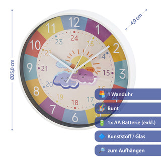 Kinder Wanduhr Sonne&Wolken Ø25x4cm Kunststoff Glas bunt Dekouhr Uhr batteriebetrieben Kinderuhr zum Aufhängen kindgerecht