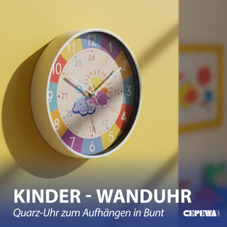 Kinder Wanduhr Sonne&Wolken Ø25x4cm Kunststoff Glas bunt Dekouhr Uhr batteriebetrieben Kinderuhr zum Aufhängen kindgerecht