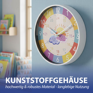Kinder Wanduhr Sonne&Wolken Ø25x4cm Kunststoff Glas bunt Dekouhr Uhr batteriebetrieben Kinderuhr zum Aufhängen kindgerecht