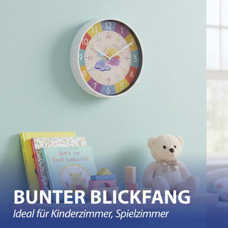 Kinder Wanduhr Sonne&Wolken Ø25x4cm Kunststoff Glas bunt Dekouhr Uhr batteriebetrieben Kinderuhr zum Aufhängen kindgerecht