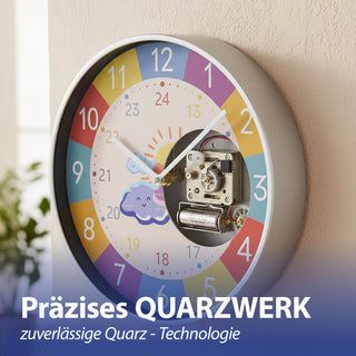 Kinder Wanduhr Sonne&Wolken Ø25x4cm Kunststoff Glas bunt Dekouhr Uhr batteriebetrieben Kinderuhr zum Aufhängen kindgerecht