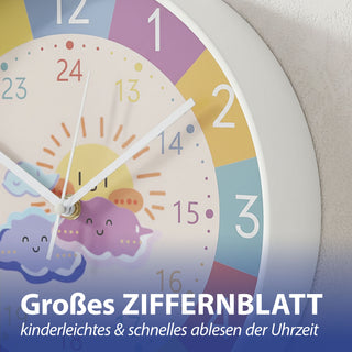 Kinder Wanduhr Sonne&Wolken Ø25x4cm Kunststoff Glas bunt Dekouhr Uhr batteriebetrieben Kinderuhr zum Aufhängen kindgerecht
